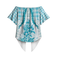 Aloha Hawaii Palaka Off Shoulder Wrap Waist Top Blue Plumeria Lei LT05 - Polynesian Pride