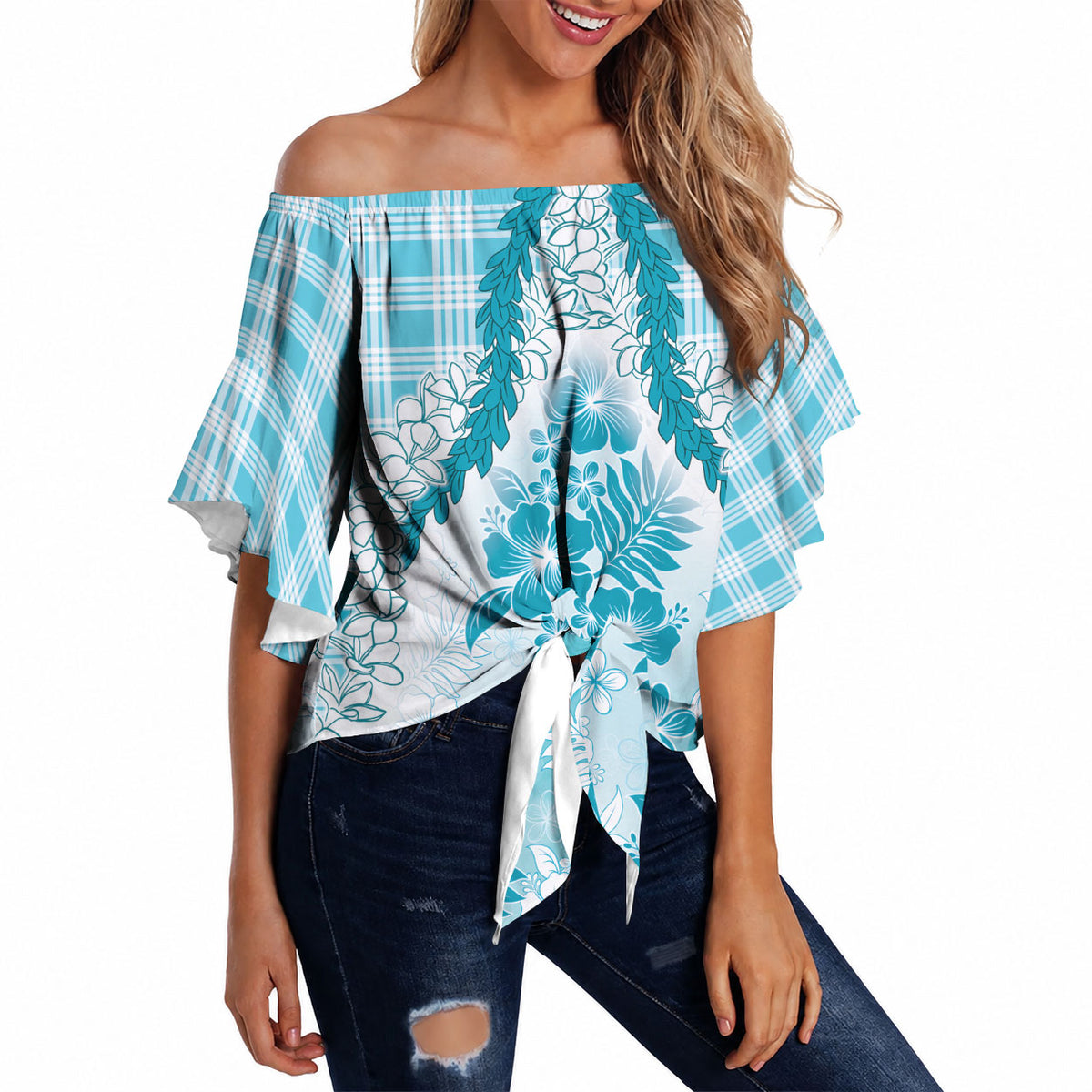 Aloha Hawaii Palaka Off Shoulder Wrap Waist Top Blue Plumeria Lei LT05 - Polynesian Pride