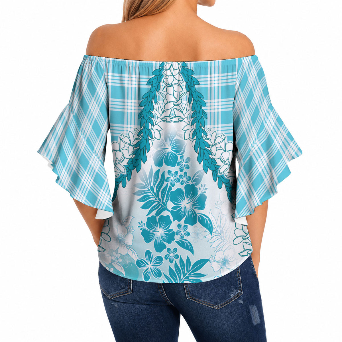 Aloha Hawaii Palaka Off Shoulder Wrap Waist Top Blue Plumeria Lei LT05 - Polynesian Pride