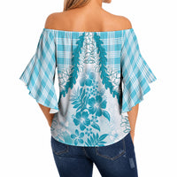 Aloha Hawaii Palaka Off Shoulder Wrap Waist Top Blue Plumeria Lei LT05 - Polynesian Pride