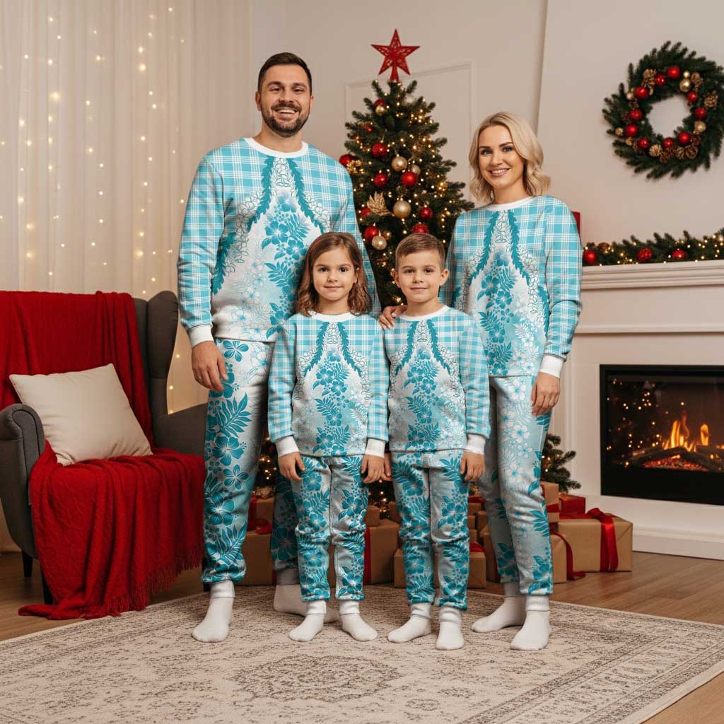 Aloha Hawaii Palaka Christmas Pajama Set Blue Plumeria Lei - Polynesian Pride