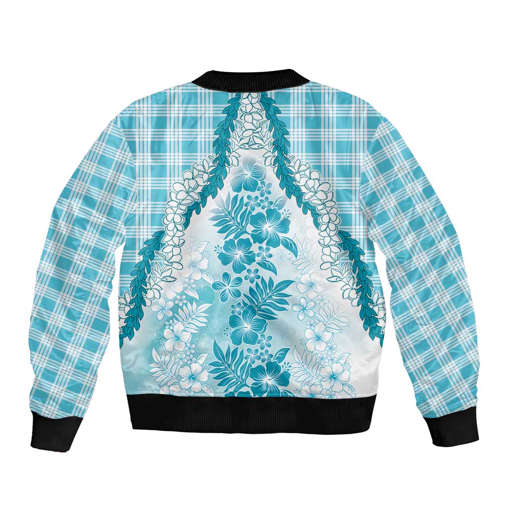 Aloha Hawaii Palaka Sleeve Zip Bomber Jacket Blue Plumeria Lei - Polynesian Pride