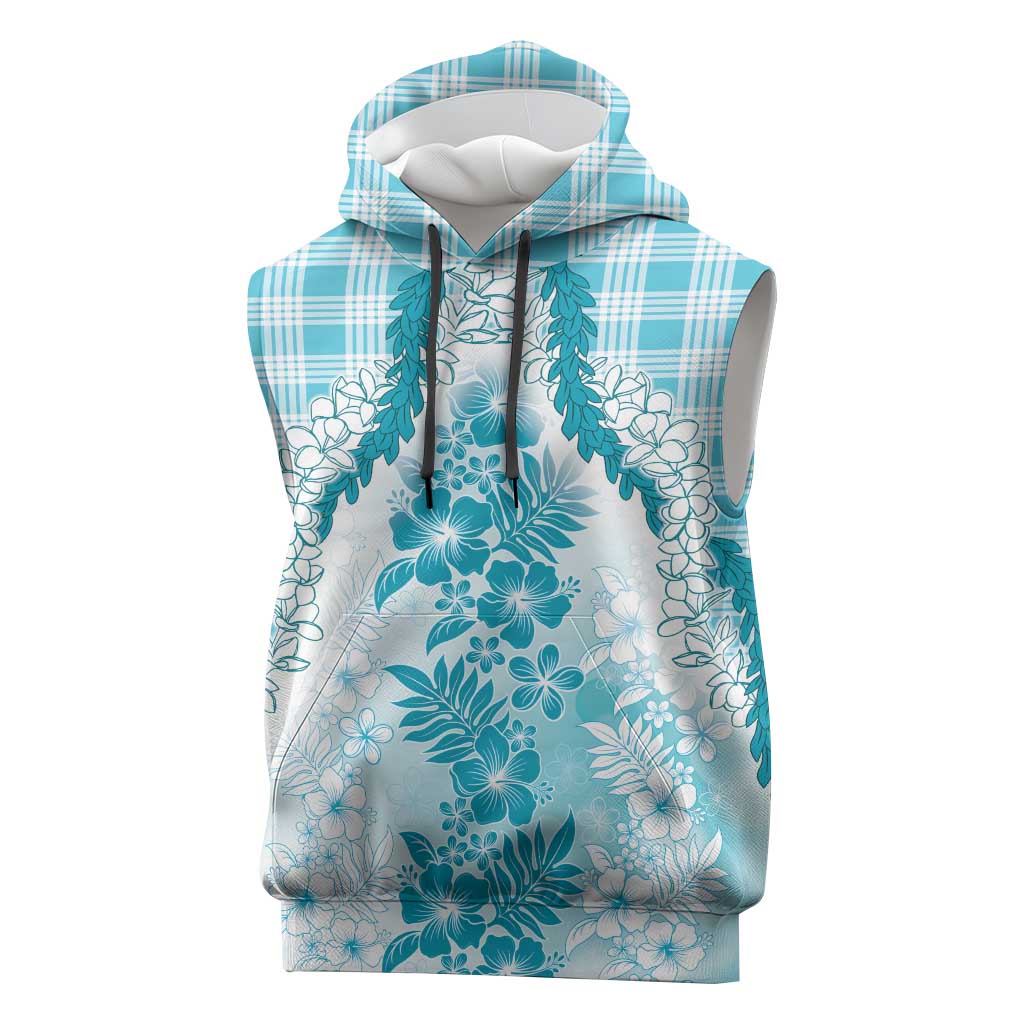 Aloha Hawaii Palaka Sleeveless Hoodie Blue Plumeria Lei - Polynesian Pride