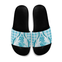 Aloha Hawaii Palaka Slide Sandals Blue Plumeria Lei LT05 Blue - Polynesian Pride