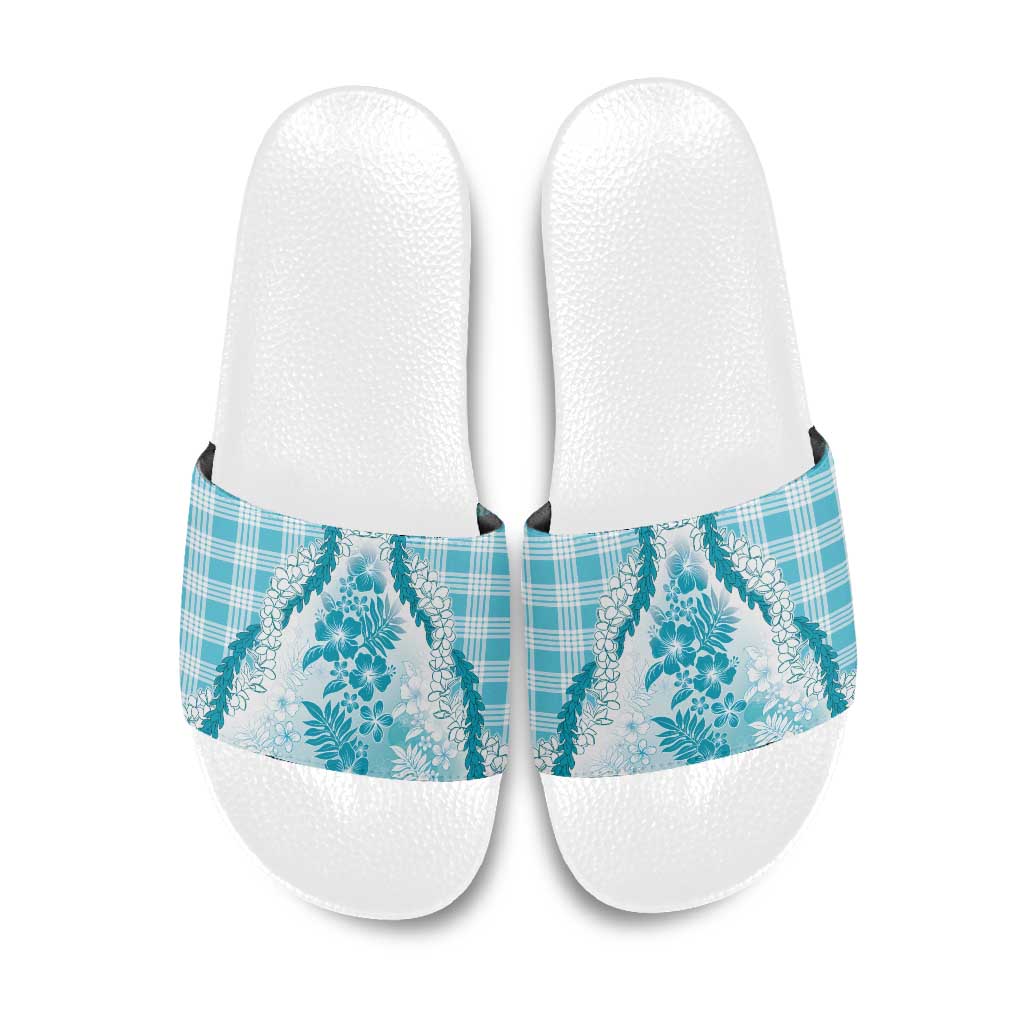 Aloha Hawaii Palaka Slide Sandals Blue Plumeria Lei LT05 Blue - Polynesian Pride