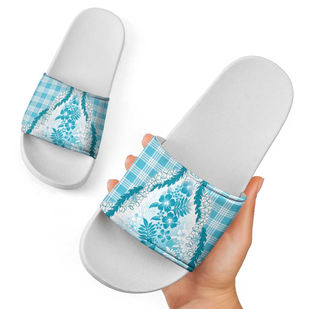 Aloha Hawaii Palaka Slide Sandals Blue Plumeria Lei LT05 - Polynesian Pride