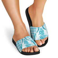 Aloha Hawaii Palaka Slide Sandals Blue Plumeria Lei LT05 - Polynesian Pride