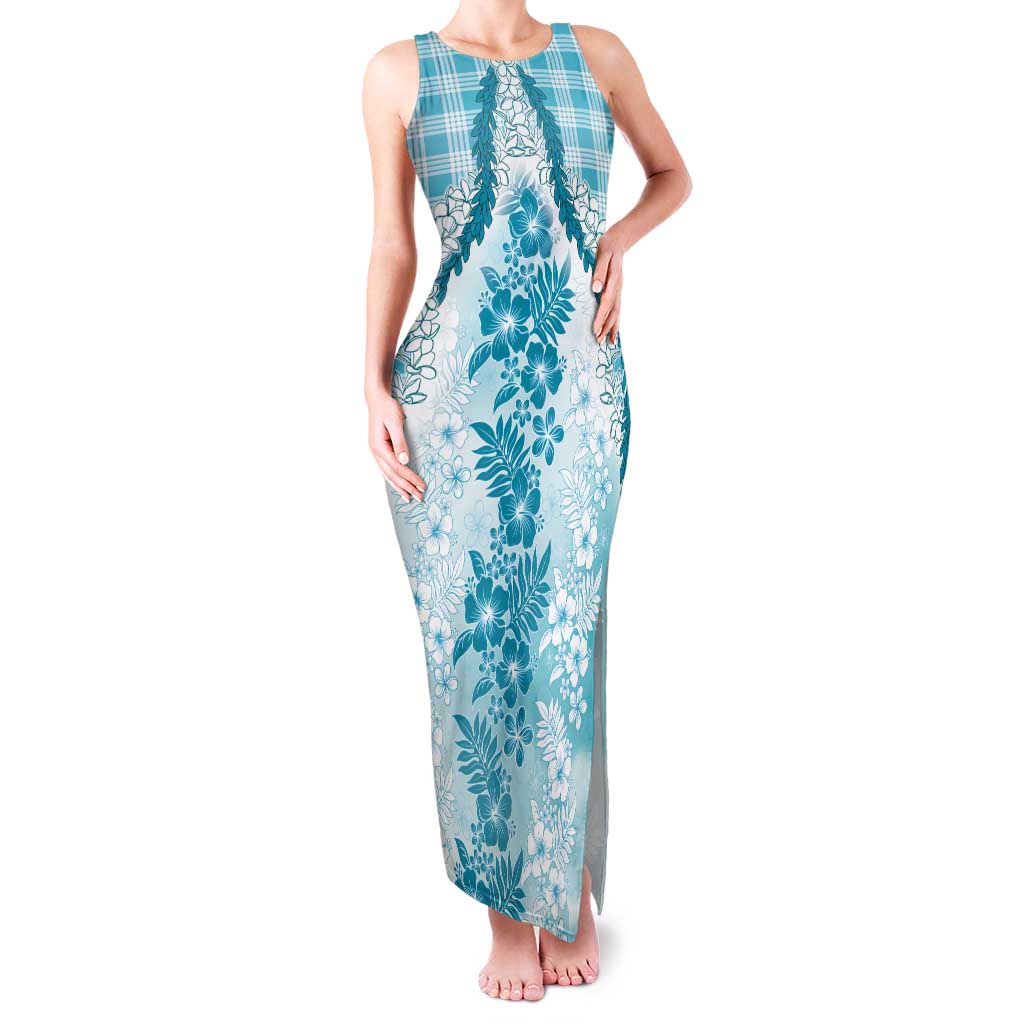 Aloha Hawaii Palaka Tank Maxi Dress Blue Plumeria Lei - Polynesian Pride