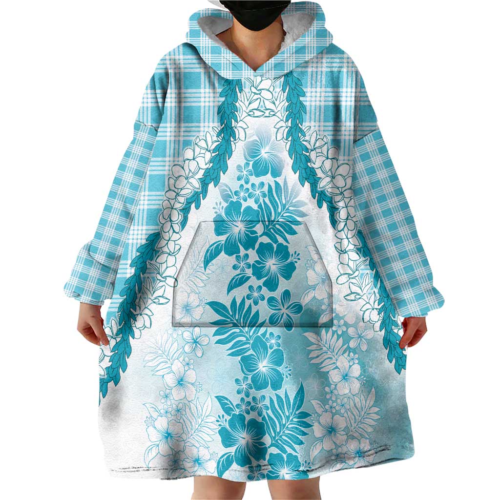 Aloha Hawaii Palaka Wearable Blanket Hoodie Blue Plumeria Lei - Polynesian Pride