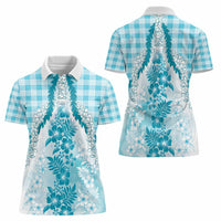 Aloha Hawaii Palaka Women Polo Shirt Blue Plumeria Lei - Polynesian Pride