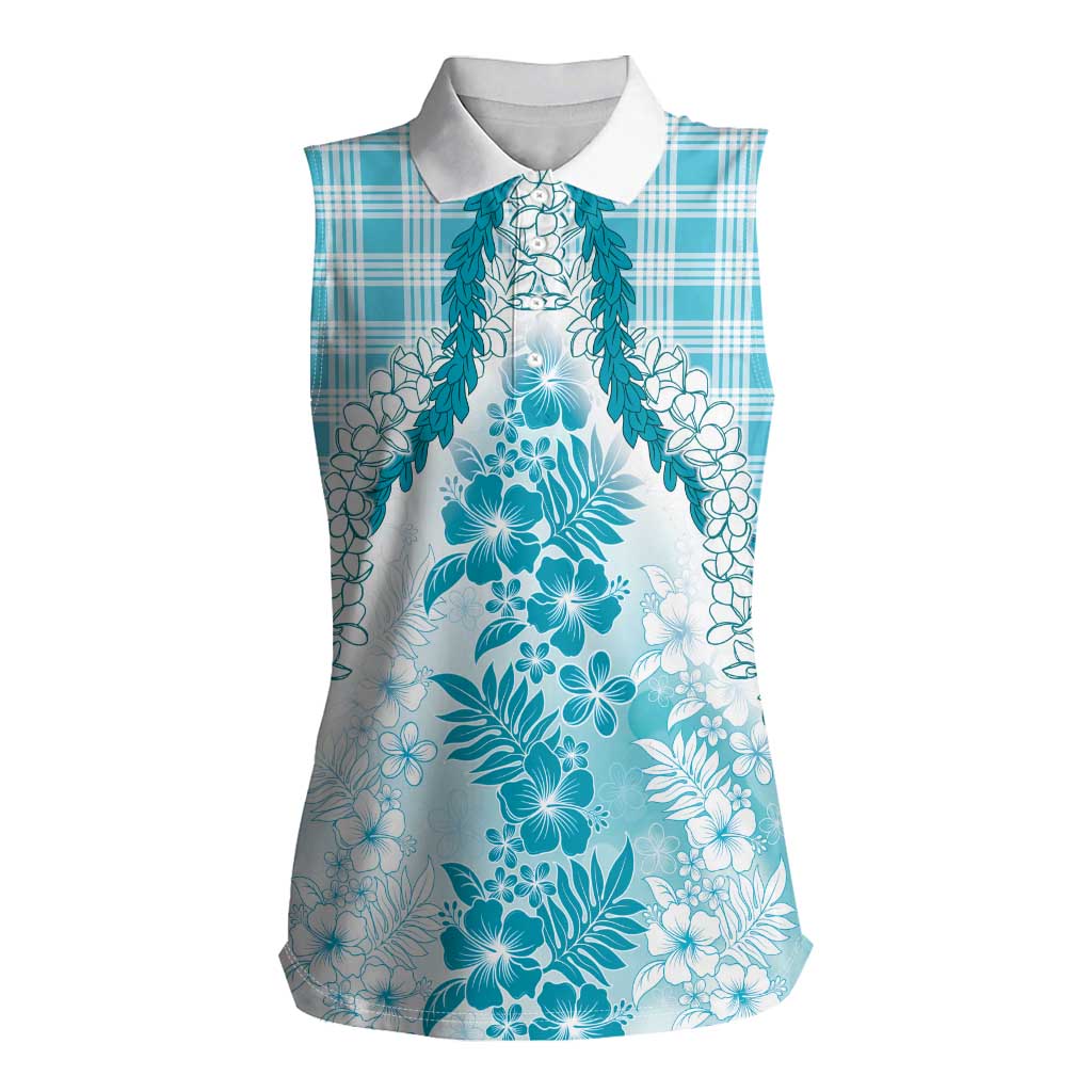 Aloha Hawaii Palaka Women Sleeveless Polo Shirt Blue Plumeria Lei - Polynesian Pride