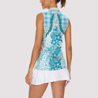 Aloha Hawaii Palaka Women Sleeveless Polo Shirt Blue Plumeria Lei - Polynesian Pride
