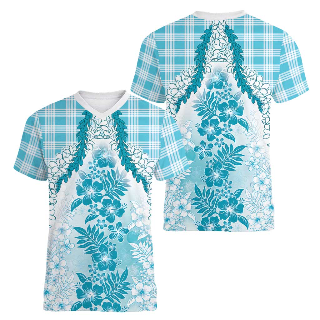Aloha Hawaii Palaka Women V-Neck T-Shirt Blue Plumeria Lei - Polynesian Pride