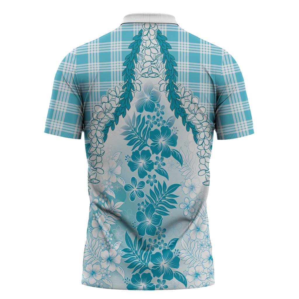Aloha Hawaii Palaka Zipper Polo Shirt Blue Plumeria Lei - Polynesian Pride