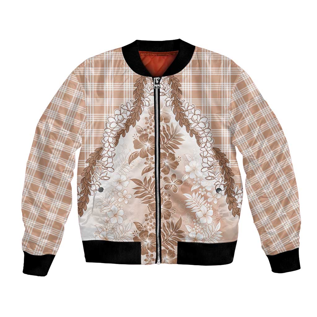 Aloha Hawaii Palaka Bomber Jacket Beige Plumeria Lei - Polynesian Pride