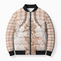 Aloha Hawaii Palaka Bomber Puffer Jacket Beige Plumeria Lei - Polynesian Pride