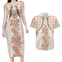 Aloha Hawaii Palaka Couples Matching Long Sleeve Bodycon Dress and Hawaiian Shirt Beige Plumeria Lei LT05 Beige - Polynesian Pride
