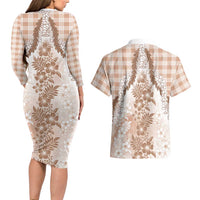 Aloha Hawaii Palaka Couples Matching Long Sleeve Bodycon Dress and Hawaiian Shirt Beige Plumeria Lei LT05 - Polynesian Pride