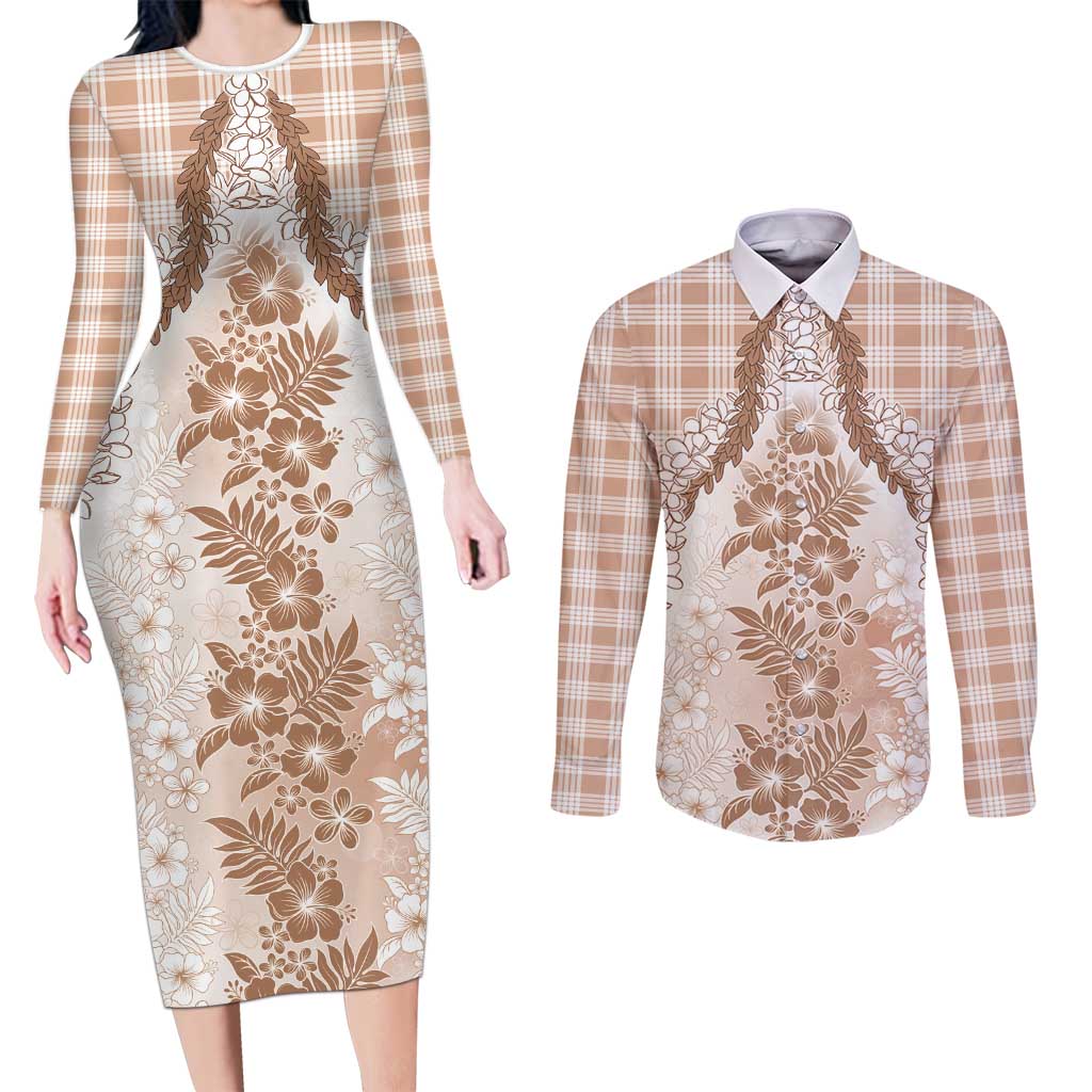 Aloha Hawaii Palaka Couples Matching Long Sleeve Bodycon Dress and Long Sleeve Button Shirt Beige Plumeria Lei LT05 Beige - Polynesian Pride