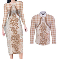 Aloha Hawaii Palaka Couples Matching Long Sleeve Bodycon Dress and Long Sleeve Button Shirt Beige Plumeria Lei LT05 Beige - Polynesian Pride