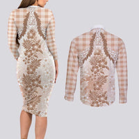 Aloha Hawaii Palaka Couples Matching Long Sleeve Bodycon Dress and Long Sleeve Button Shirt Beige Plumeria Lei LT05 - Polynesian Pride