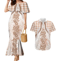 Aloha Hawaii Palaka Couples Matching Mermaid Dress and Hawaiian Shirt Beige Plumeria Lei LT05 Beige - Polynesian Pride