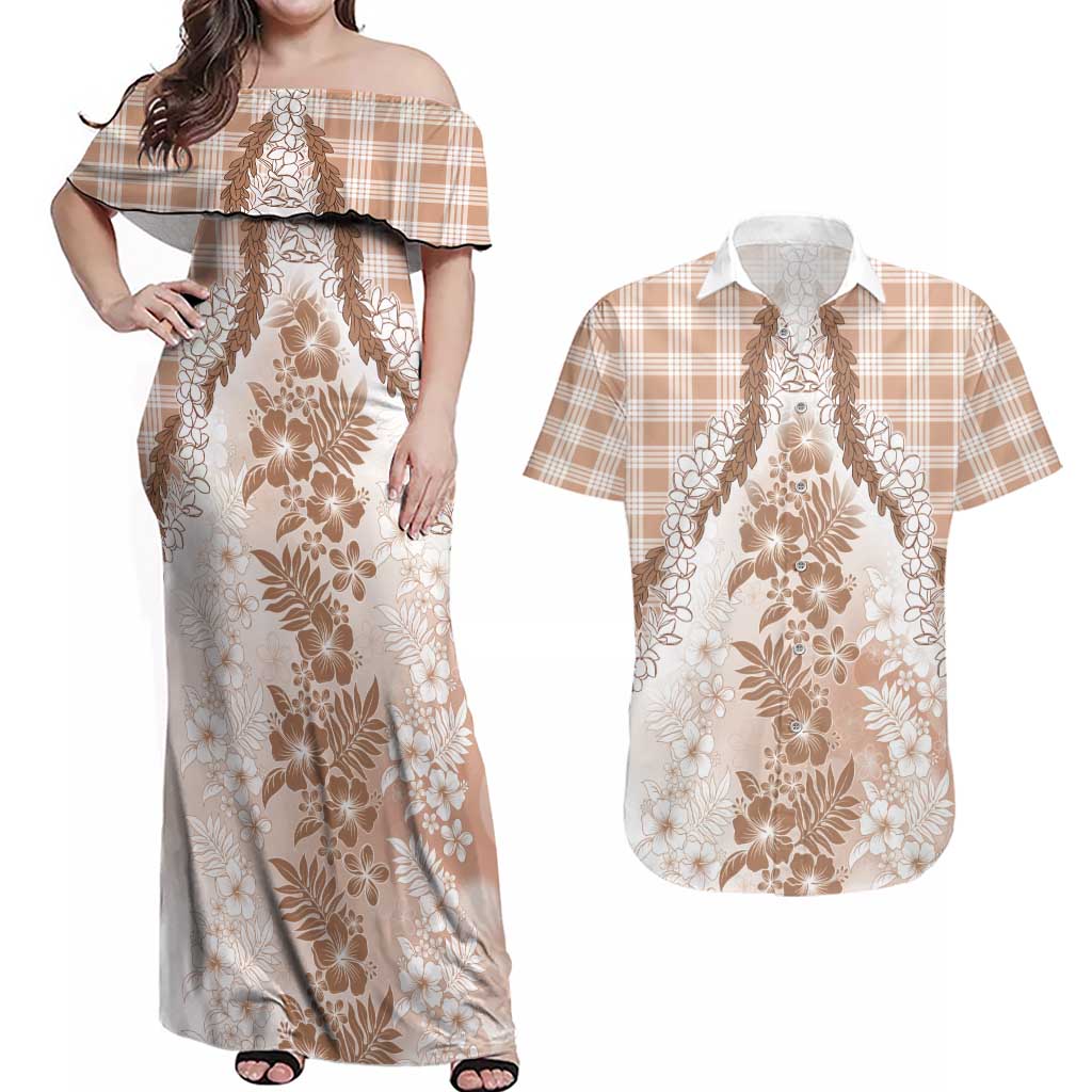 Aloha Hawaii Palaka Couples Matching Off Shoulder Maxi Dress and Hawaiian Shirt Beige Plumeria Lei LT05 Beige - Polynesian Pride