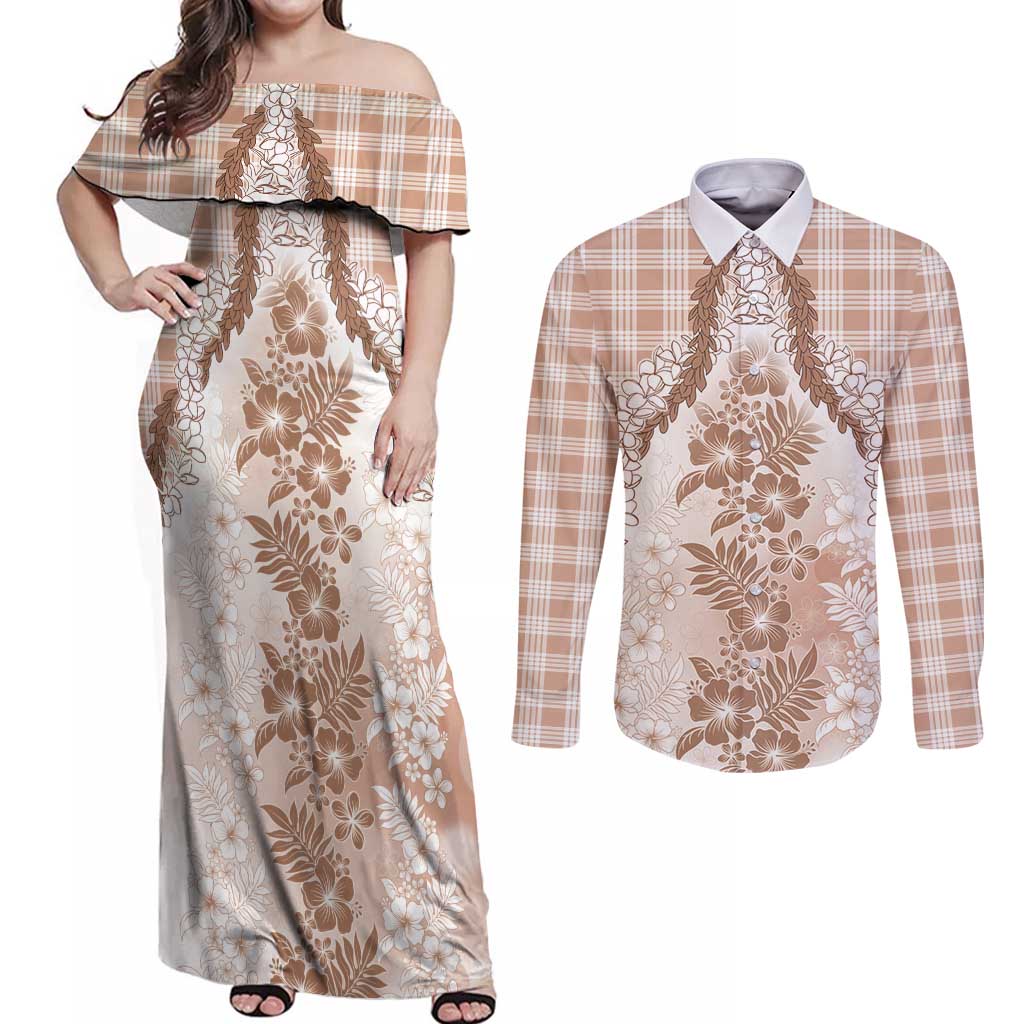 Aloha Hawaii Palaka Couples Matching Off Shoulder Maxi Dress and Long Sleeve Button Shirt Beige Plumeria Lei LT05 Beige - Polynesian Pride