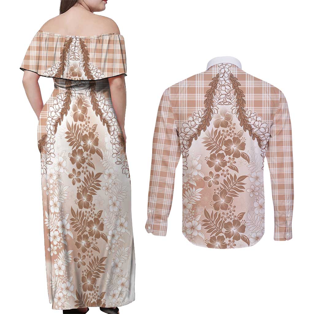 Aloha Hawaii Palaka Couples Matching Off Shoulder Maxi Dress and Long Sleeve Button Shirt Beige Plumeria Lei LT05 - Polynesian Pride