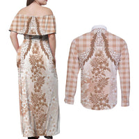 Aloha Hawaii Palaka Couples Matching Off Shoulder Maxi Dress and Long Sleeve Button Shirt Beige Plumeria Lei LT05 - Polynesian Pride