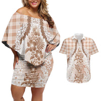 Aloha Hawaii Palaka Couples Matching Off Shoulder Short Dress and Hawaiian Shirt Beige Plumeria Lei LT05 Beige - Polynesian Pride
