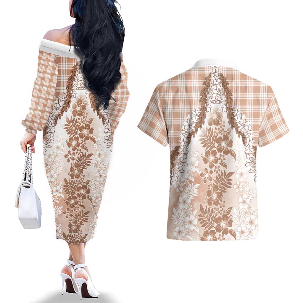 Aloha Hawaii Palaka Couples Matching Off The Shoulder Long Sleeve Dress and Hawaiian Shirt Beige Plumeria Lei LT05 - Polynesian Pride