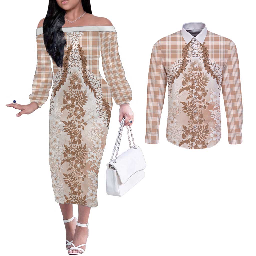 Aloha Hawaii Palaka Couples Matching Off The Shoulder Long Sleeve Dress and Long Sleeve Button Shirt Beige Plumeria Lei LT05 Beige - Polynesian Pride