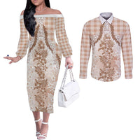 Aloha Hawaii Palaka Couples Matching Off The Shoulder Long Sleeve Dress and Long Sleeve Button Shirt Beige Plumeria Lei LT05 Beige - Polynesian Pride