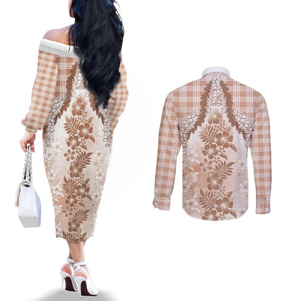 Aloha Hawaii Palaka Couples Matching Off The Shoulder Long Sleeve Dress and Long Sleeve Button Shirt Beige Plumeria Lei LT05 - Polynesian Pride