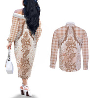 Aloha Hawaii Palaka Couples Matching Off The Shoulder Long Sleeve Dress and Long Sleeve Button Shirt Beige Plumeria Lei LT05 - Polynesian Pride