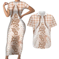 Aloha Hawaii Palaka Couples Matching Short Sleeve Bodycon Dress and Hawaiian Shirt Beige Plumeria Lei LT05 Beige - Polynesian Pride