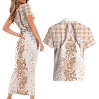 Aloha Hawaii Palaka Couples Matching Short Sleeve Bodycon Dress and Hawaiian Shirt Beige Plumeria Lei LT05 - Polynesian Pride