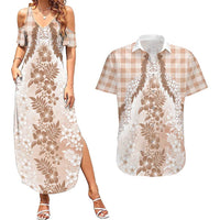 Aloha Hawaii Palaka Couples Matching Summer Maxi Dress and Hawaiian Shirt Beige Plumeria Lei LT05 Beige - Polynesian Pride