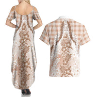 Aloha Hawaii Palaka Couples Matching Summer Maxi Dress and Hawaiian Shirt Beige Plumeria Lei LT05 - Polynesian Pride