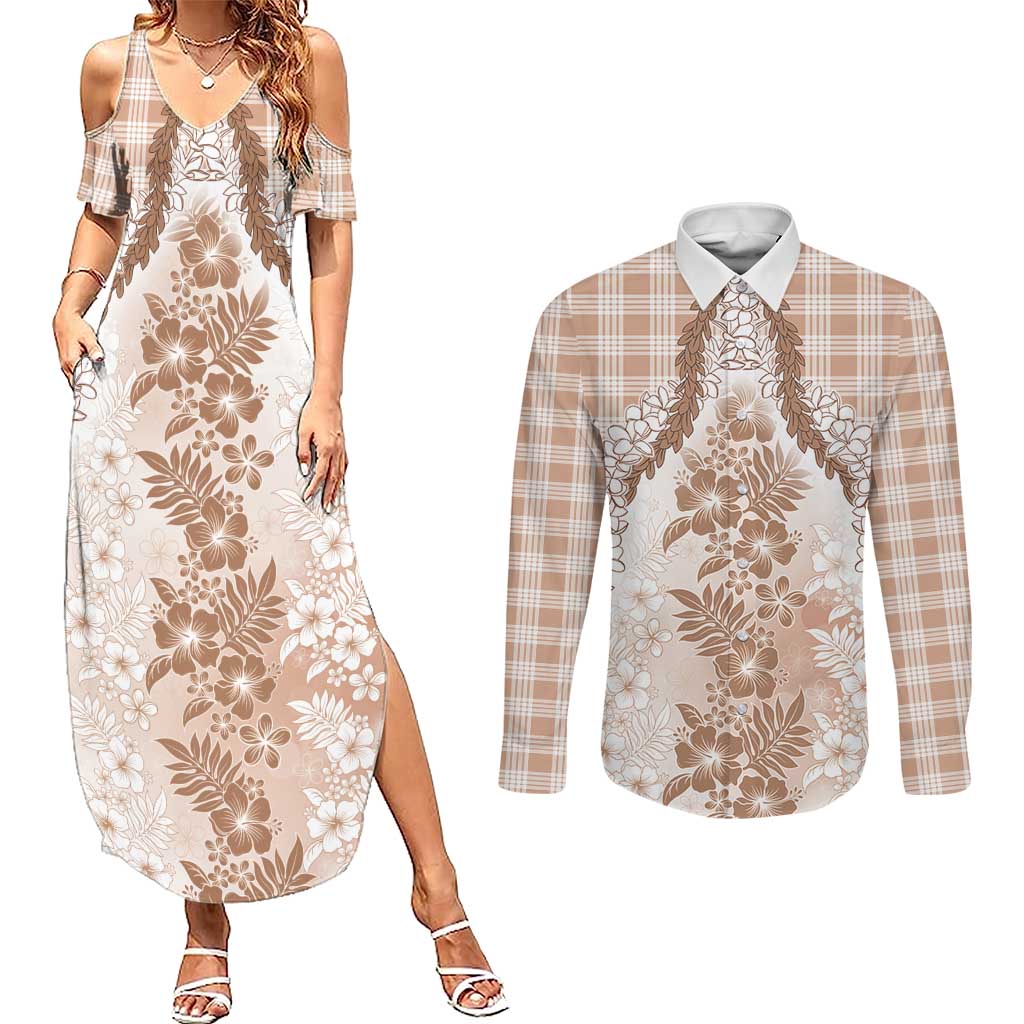 Aloha Hawaii Palaka Couples Matching Summer Maxi Dress and Long Sleeve Button Shirt Beige Plumeria Lei - Polynesian Pride