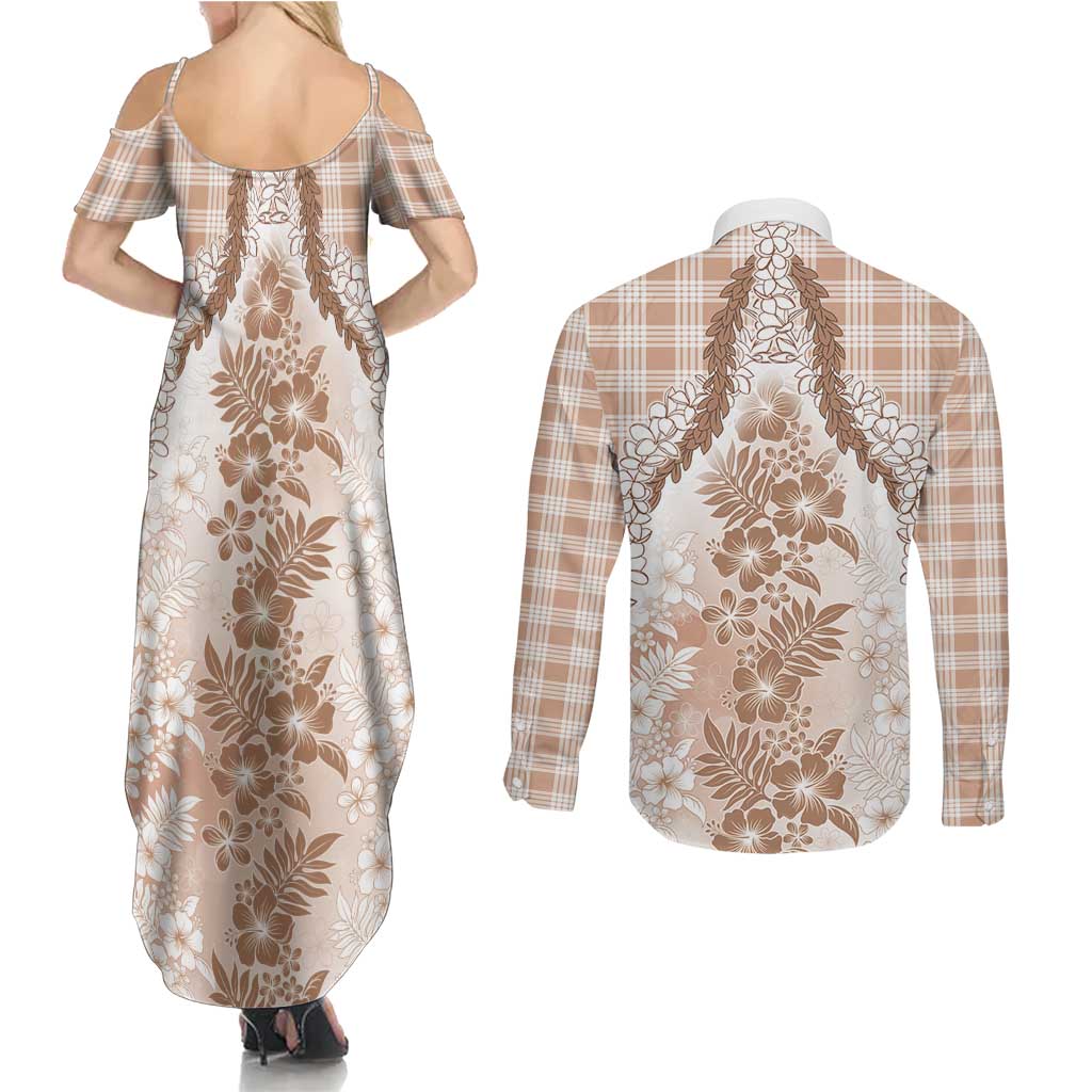 Aloha Hawaii Palaka Couples Matching Summer Maxi Dress and Long Sleeve Button Shirt Beige Plumeria Lei LT05 - Polynesian Pride