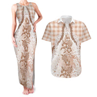 Aloha Hawaii Palaka Couples Matching Tank Maxi Dress and Hawaiian Shirt Beige Plumeria Lei LT05 Beige - Polynesian Pride