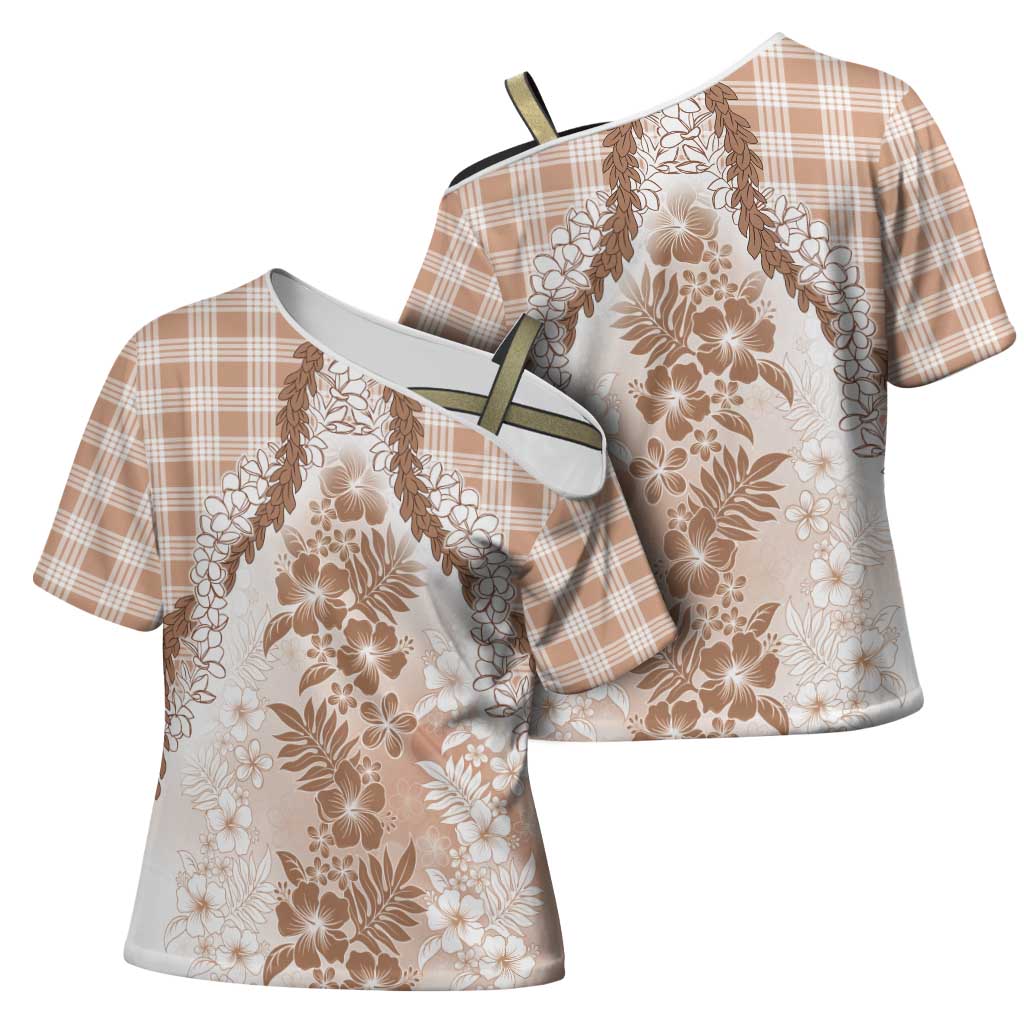 Aloha Hawaii Palaka Cross Shoulder Shirt Beige Plumeria Lei - Polynesian Pride