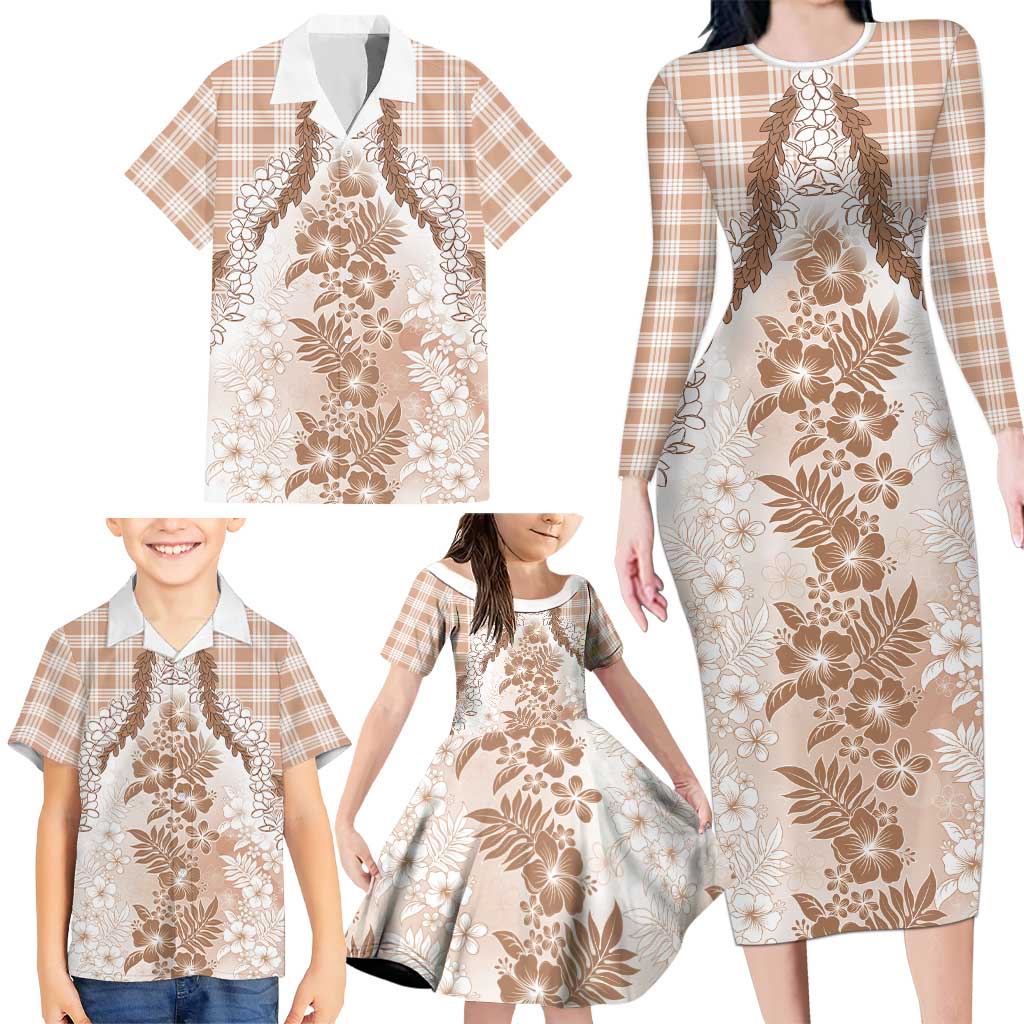 Aloha Hawaii Palaka Family Matching Long Sleeve Bodycon Dress and Hawaiian Shirt Beige Plumeria Lei LT05 - Polynesian Pride