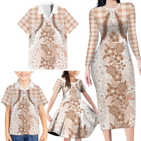 Aloha Hawaii Palaka Family Matching Long Sleeve Bodycon Dress and Hawaiian Shirt Beige Plumeria Lei LT05 - Polynesian Pride