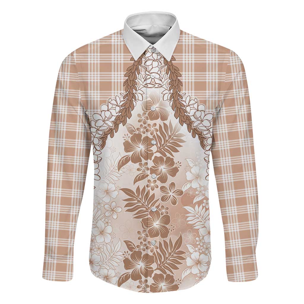 Aloha Hawaii Palaka Family Matching Long Sleeve Bodycon Dress and Hawaiian Shirt Beige Plumeria Lei LT05 Dad's Shirt - Long Sleeve Beige - Polynesian Pride