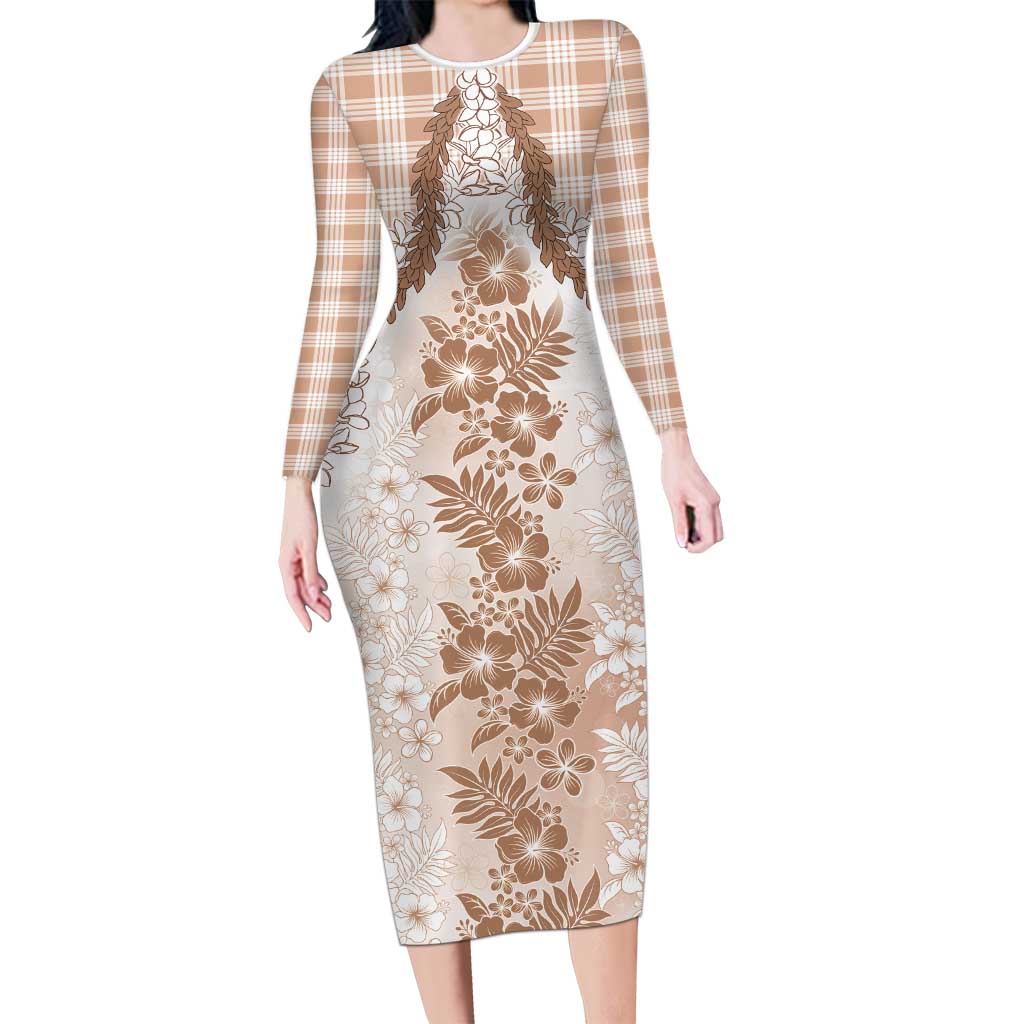 Aloha Hawaii Palaka Family Matching Long Sleeve Bodycon Dress and Hawaiian Shirt Beige Plumeria Lei LT05 Mom's Dress Beige - Polynesian Pride