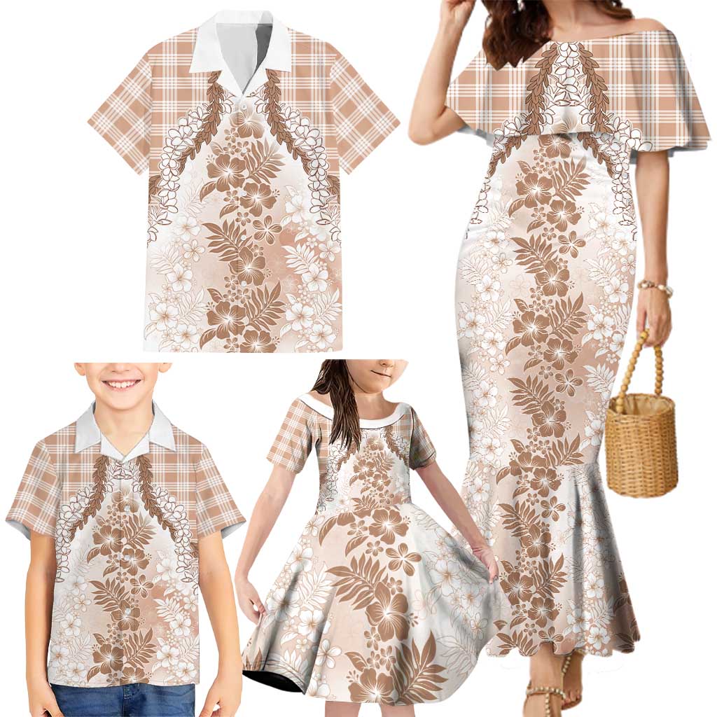 Aloha Hawaii Palaka Family Matching Mermaid Dress and Hawaiian Shirt Beige Plumeria Lei - Polynesian Pride