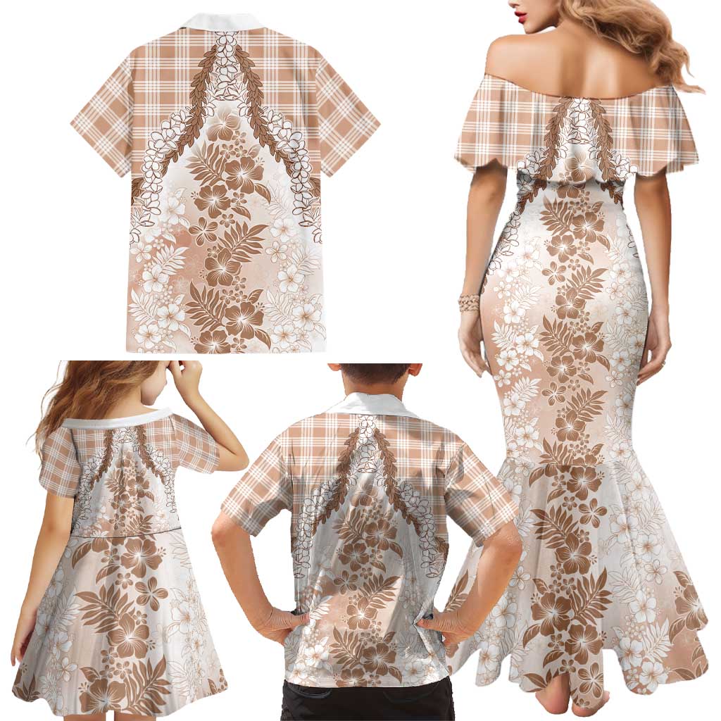 Aloha Hawaii Palaka Family Matching Mermaid Dress and Hawaiian Shirt Beige Plumeria Lei LT05 - Polynesian Pride